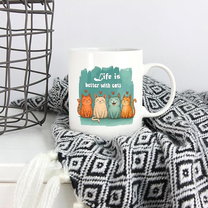 5Aup Cat Owner Coffee Mug Gifts 11 Oz - ‘Life is Better with Cats’ (Even When They’re Little Terrorists), Funny Kitten Design for People Who Speak Cat Code