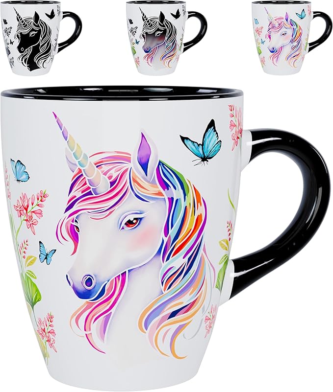 Color Changing Unicorn Coffee Mug 12oz – Heat Sensitive Ceramic Cup with Floral Reveal – Unicorn Gifts for Women, Unique Coffee Mugs, Christmas Holiday Gift, Perfect for Coffee, Tea or Cocoa