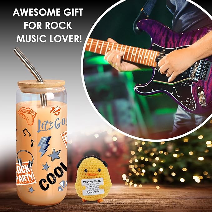 Joeyan Glass Cup with Lid and Straw, 20oz Iced Coffee Cup with Positive Crochet Duck Doll, Rock Party & Game Themed Glass Tumbler for Smoothie Boba Tea, Cool Gamer Gift for Men Boyfriend Son Gamers