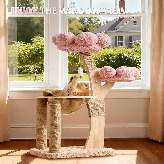 HITTITE Flower Cat Tree with Scratching Post, 36 Inches Cute Cat Tower with Wooden Branch Design, Modern Cat Climbing Tower with Flower Perches and Space Capsule for Indoor Cats Large Adult. Pink