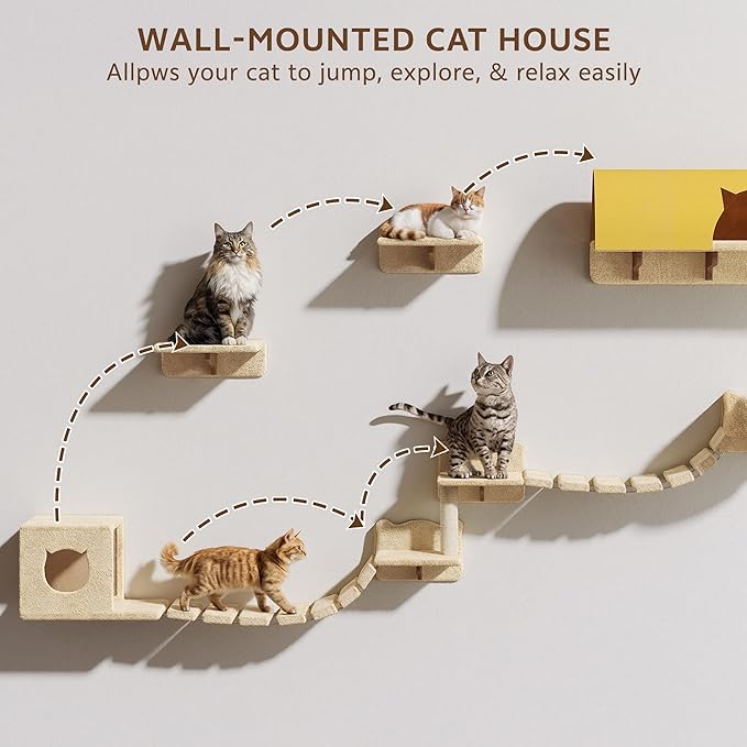Cat Wall Shelves, Wall Mounted Cat Shelf Furniture with Plush Fabric(16 Piece Set), Cats Furniture with 40''L Tunnel, Condos, House, Steps, Bridge Ladder and Scratching Post, Beige