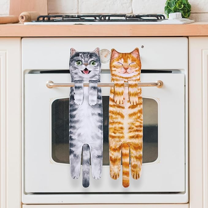 Funny Hand Towels for Bathroom Kitchen Decor - Cute Cat Hanging Hand Towel Kitchen Gadgets - Unique Housewarming Birthday Christmas Cat Lover Gift Ideas for Women Mom Lady Adults