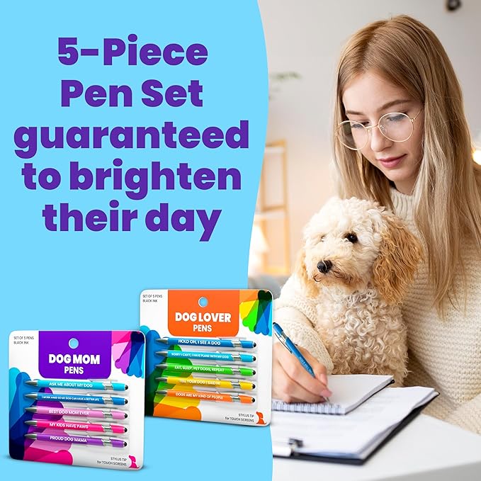 rubyloo Funny Dog Mom & Dog Lover Gift Pen Set – 2 Pack of 5-Pen Sets with Black Ink Stylus Tips & Metal Barrels – Doggy Mom Gift for Women, Friends, Coworkers for Mother's Day or Birthday Present
