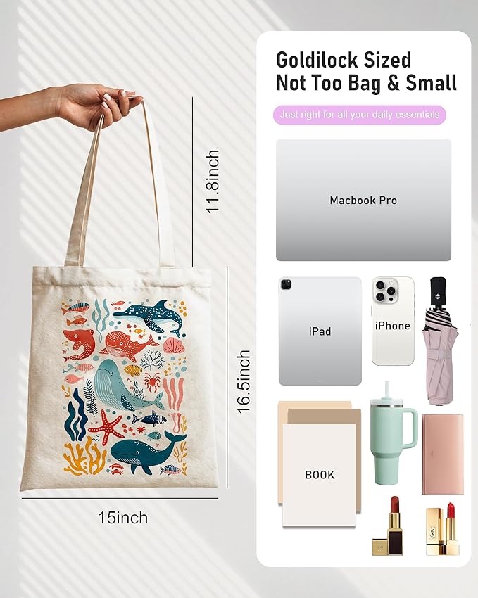 DYALE Canvas Tote Bag Double-Sided Prints with Snap Closure, Cute Tote Bag with Pocket for Shopping, Library, Work, Travel