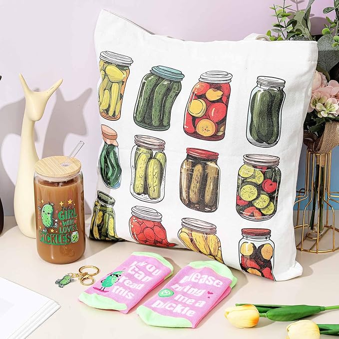 Paterr 4 Pcs Pickle Gifts for Women Pickle Themed Gift for Mother's Day Birthday Party Decorations, with Canvas Tote Bag 16oz Glass Coffee Cup with Straw Socks Cute Keychain
