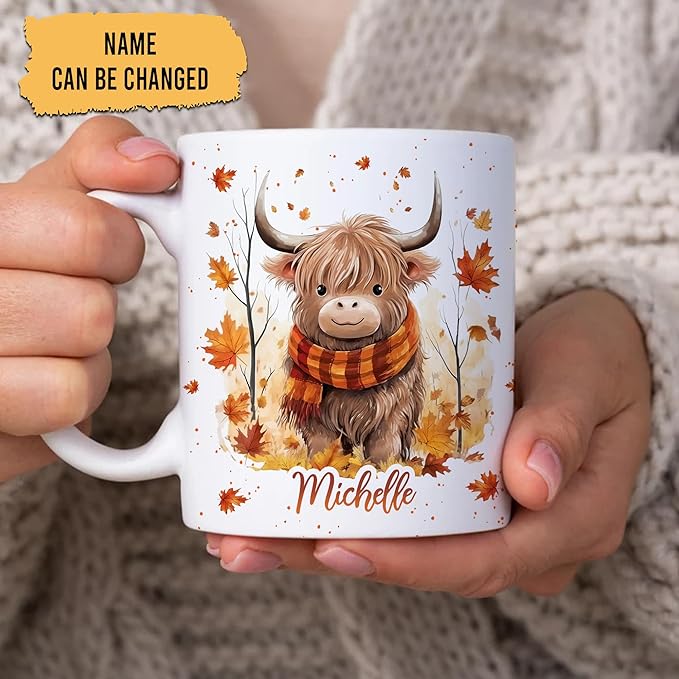 Hyturtle Personalized Fall Highland Cow Maple Leaves Coffee Mug - Birthday Gifts For Cow Lovers - Fall Autumn Decor Gifts For Farmhouse Thanksgiving - Custom Name 11oz White Ceramic Coffee Tea Mug