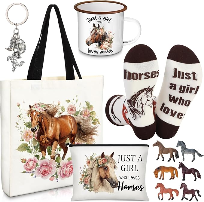 Horse Lover Gifts for Women Birthday Gifts Baskets Set Include Canvas Tote Bag, Makeup Bag, Socks, Keychain, Enamel Mug, Small Figurines for Mom, Wife, Sister, Friend