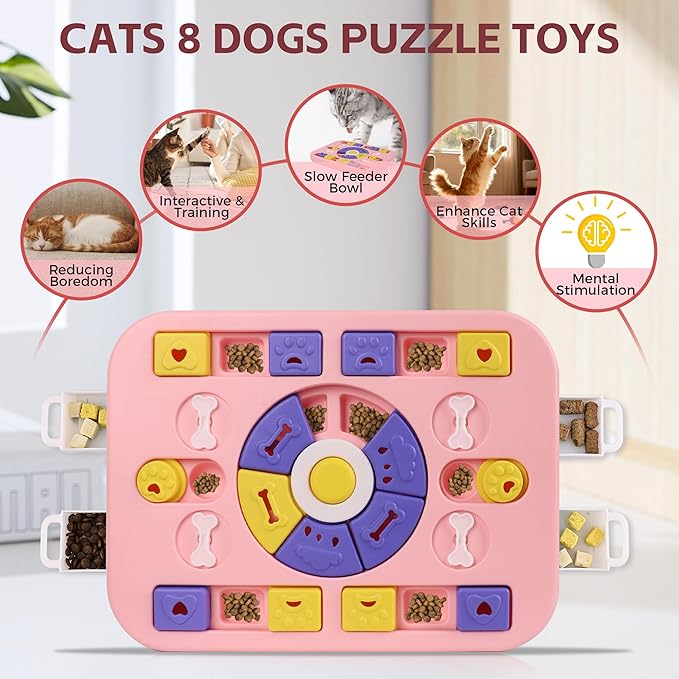 Cat Puzzle Feeder with Sound: 4-in-1 Interactive Stimulating Toys for Cats and Large & Small Dogs, Dog Enrichment Toys & Cat Puzzle Toy to Prevent Boredom and Overeating (L-Level4-Pink)