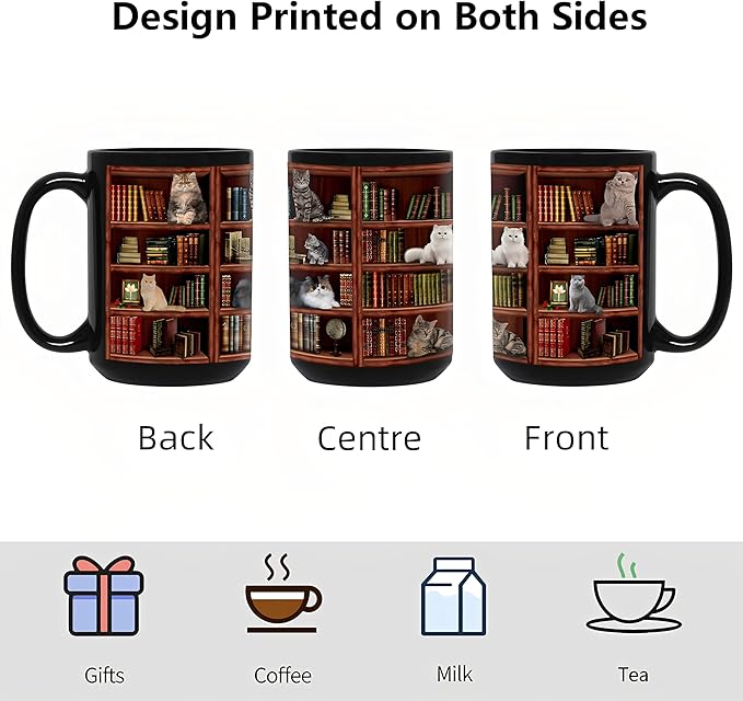 Cat Book Mugs - Coffee Mugs Lovers Gifts for Readers - Best Gift for Cat Lover - Reading Writer Women Tea Cups Library Bookshelf Mug 15oz - Black Chapter Book Mug(15oz-bookshelf)