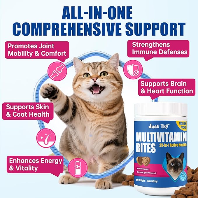 Just Try 23 in 1 Taurine for Cats Vitamins Treats with L-Lysine for Immune, Joint Support Skin & Coat & Heart Health - Multivitamin, HIV Omega 3, Biotin Supplements for Indoor & Senior Cat - 16 oz