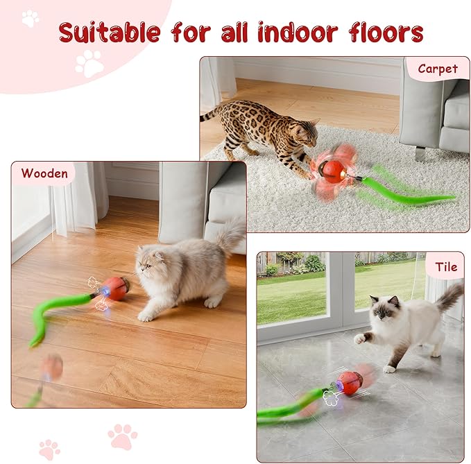Interactive Cat Toy Ball – Firefly Automatic Moving Electric Kitten Toy with 2 Feather Tails, 3-Speed Modes, USB Rechargeable, Chirping Sounds & Motion Activation for Bored Cats