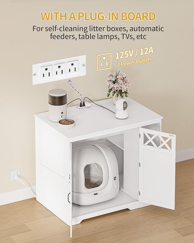 Cat Litter Enclosure, Hidden Self-Cleaning Litter Box Furniture with Charging Station, Pull-Out Base Plate, Adjustable Shelf, Large Indoor Cat House, 41.3 x 27.6 x 35.4 inches, White