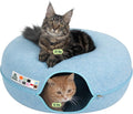 Cattasaurus Peekaboo Cat Cave Donut for Multiple & Large Cats up to 30-45 lbs, 3-in-1 Self Warming Cat Bed, Tunnel & Scratcher for Indoor Cats, Washable & Detachable Small Dog Bed (Blue, Jumbo)