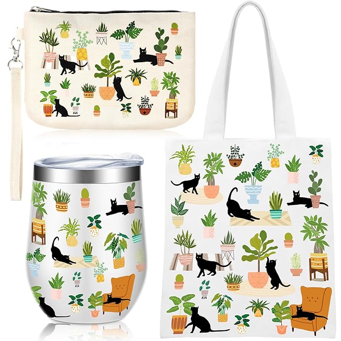 Dansydaisy 3 Pcs Plant Lover Gifts for Women Black Cat Canvas Tote Bag with Zipper Pockets Aesthetic Reusable Canvas Tote Bag for Black Cat Lovers Teacher Back to School Gifts Birthday