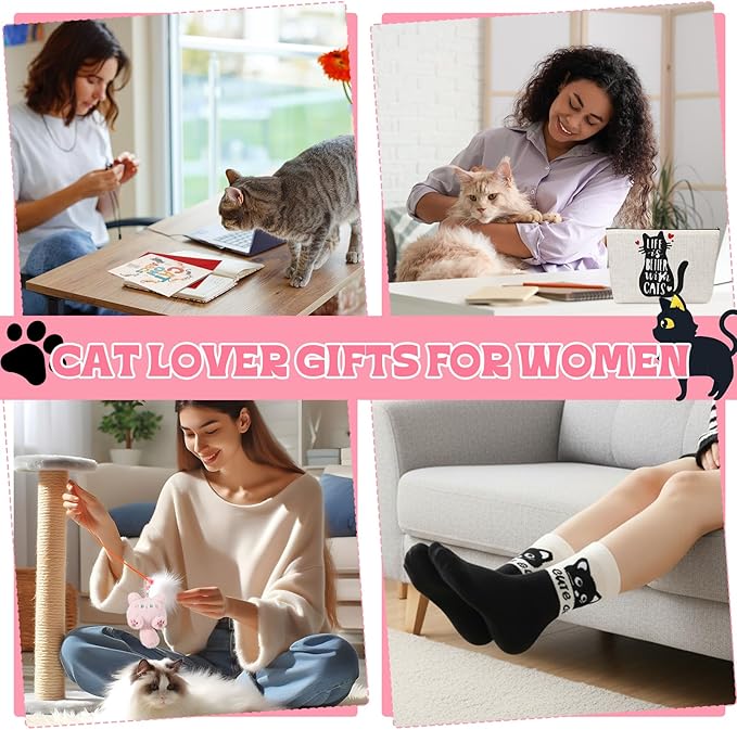 Cat Lover Gifts for Women Cute Cotton Cat Socks with Makeup bag Keychains Greeting cards for Birthday Mother's Day