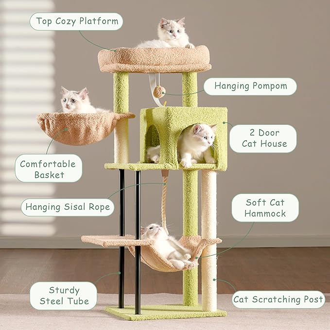 Gitelsnour Cat Tree, Cat Tower for Indoor Cats, 43.3 inch Cactus Cat Tree Tower with Sturdy Steel Tube, Hammock, Cat Condo for Small Cats and Kittens, Scratching Post, GCT004SGY