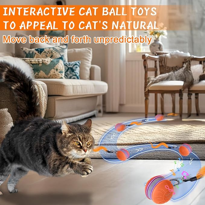 BABORUI Interactive Cat Toy Ball with Music- Automatic Interactive Cat Toys for Indoor Cats with 3 Tails, 2 Speeds Rechargeable Cat Enrichment Toy for Small/Medium/Large Cats to Keep Them Busy(Orange)