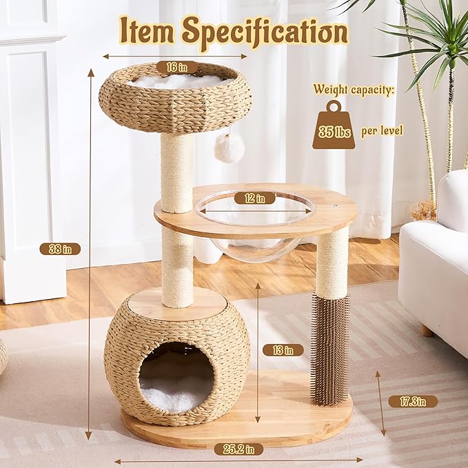 38" Modern Cat Tree Tower for Indoor Cats, Solid Wood Cat Furniture with Handwoven Rattan Basket Bed & Cave, Capsule Nest, Sisal Scratching Posts and Self-Groomer, Space-Saving Cat Condo