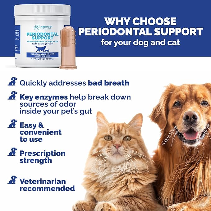 Periodontal Support Dental Powder for Dogs & Cats – Teeth Cleaning Supplement with Free Finger Toothbrush – Helps Reduce Bad Breath, Plaque & Tartar – Supports Healthy Teeth & Gums – 200g