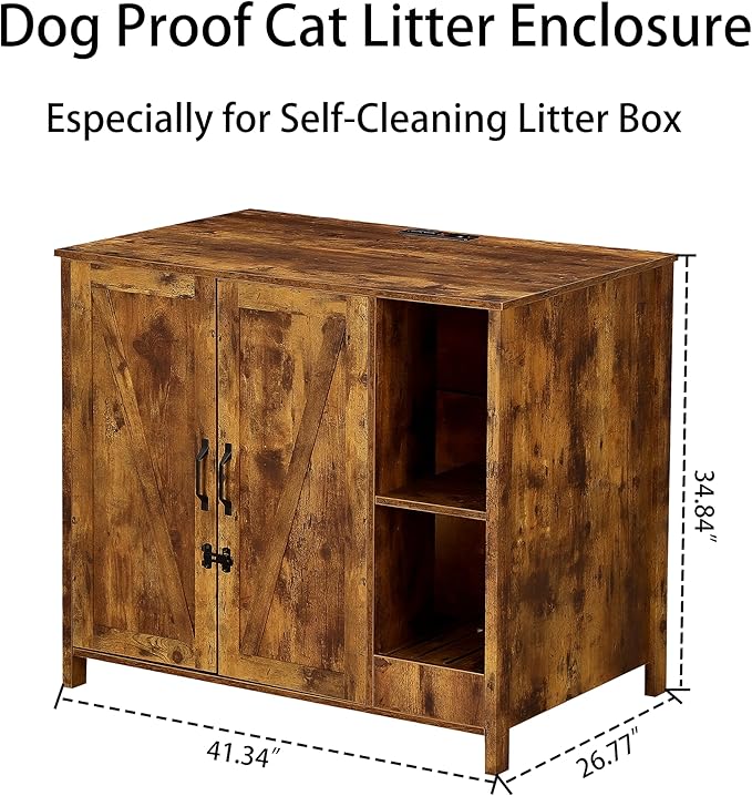 Large Cat Litter Box Enclosure with Litter Collector,Cat Litter Enclosure for Self-Cleaning Litter Boxes,Adjustable Shelf for Dog Proof,Outlet,Wooden Cat Washroom Cabinet,Brown Rustic