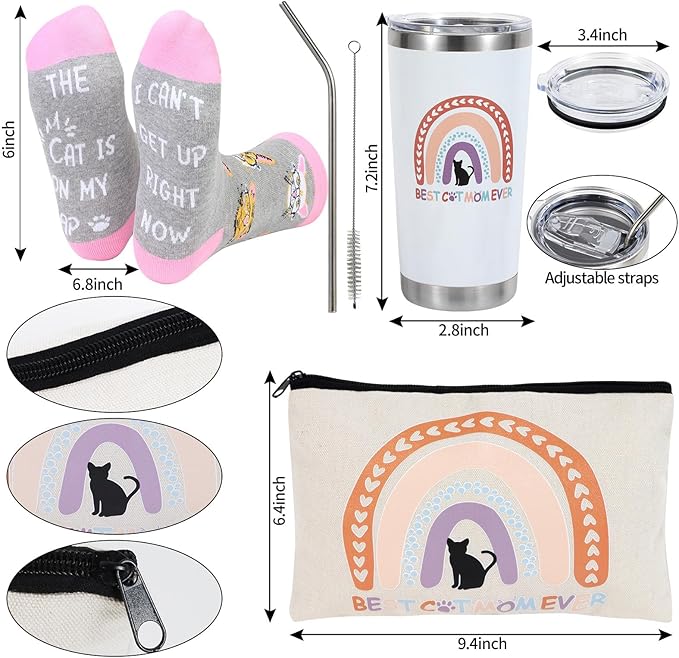 Kolewo4ever 7 Pieces Gifts for Cat Lovers,Cat Lover Gifts for Women,Christmas Gift for Women,Cats Gift for Lovers with Makeup Bag,Socks,Greeting Cards,Candle,Tumbler,Keychain