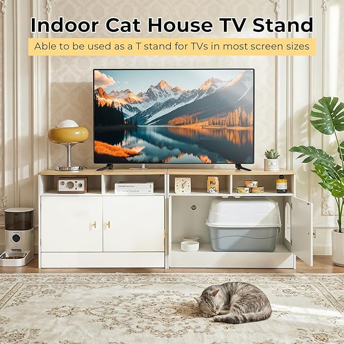 Cat Litter Box Enclosure for 2 Cats, TV Stand with Storage & Outlet, 63" Double Litter Box Enclosure Furniture, Wooden Enclosed Litter Box Cabinet, 63”L x 15.7”W x 23.6”H, White & Wood