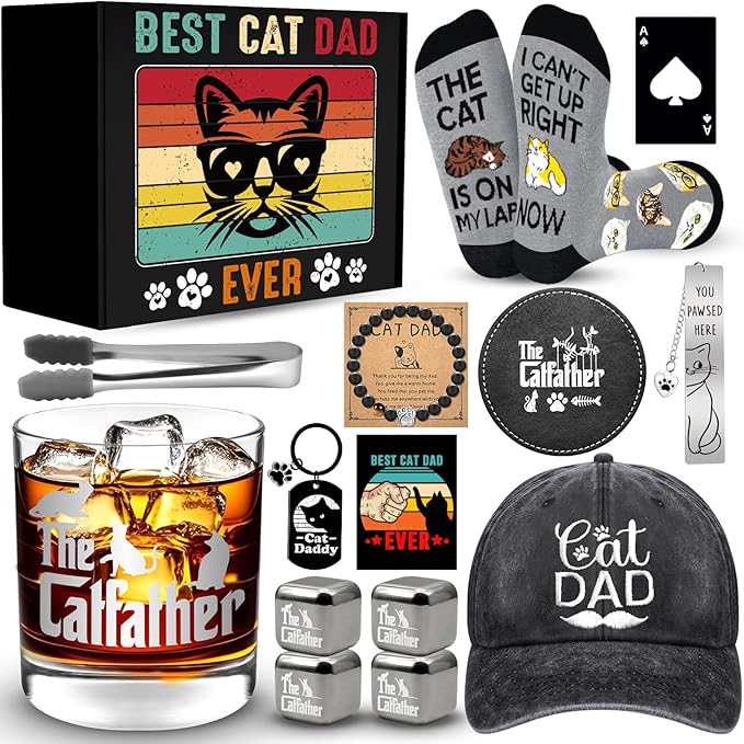 JTAMOHI 15 Pieces Cat Dad Gifts for Men, Cat Lover Gifts for Men with 11 Oz Whiskey Glass Cup 4 Whisky Ice Cubes Coaster Hat Socks Bracelet Keychain Bookmark, Father’s Day, Birthday, Christmas Gift