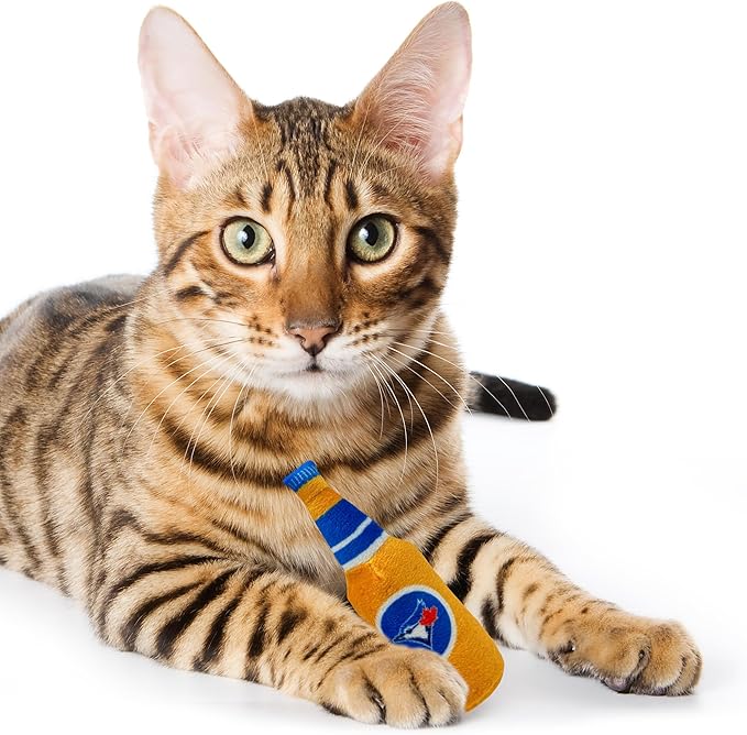 Best Plush CAT Toy - MLB Toronto Blue Jays Complete Set of 3 Piece Cat Toys Filled with Fresh Catnip. Incld: 1 Baseball Cap Cat Toy, 1 Baseball Cat Toy with Feathers & 1 Beer Bottle. Team Logos