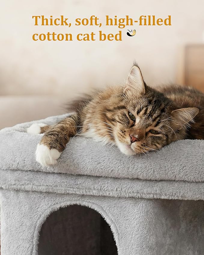 Aechonow 24in Cat Tree Tower with Scratching Post, 19 * 16.5in Window Perch Bed for Large Adult Cats, 2 Small Condo Cubbies for Indoor Kittens, Light Gray