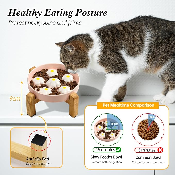Elevated Slow Feeder Cat Bowl - Maze Puzzle Cat Food Dish with Bamboo Stand, Anti-Slip - Raised Base for Comfortable Eating - 6 OZ - White Flowers