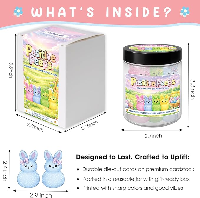 Positive Peeps Jar - 60 Affirmation Cards for Easter Decorations, Easter Gifts For Kids, Women, Teens, Toddlers, Spring Home Decor, Easter Basket Stuffers For Toddler, Kids, Teens