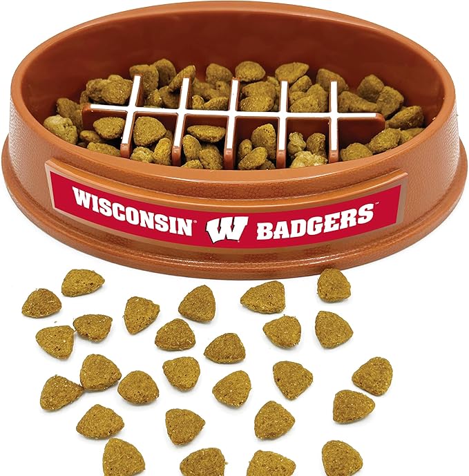 NCAA Super-Bowl - Wisconsin Badgers Slow Feeder Dog Bowl. Football Design Slow Feeding Cat Bowl for Healthy Digestion. Non-Slip Pet Bowl for Large & Small Dogs & Cats