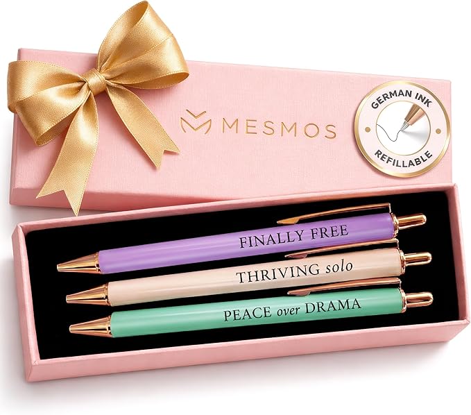 MESMOS 3pcs High End Luxury Happy Divorce Gifts for Women, Strong Woman Gifts, Gift to Cheer Someone up Women, Break up Gift for woman, Boss, & Friends. German-Ink & 1mm Swiss-Tip Motivational Pens