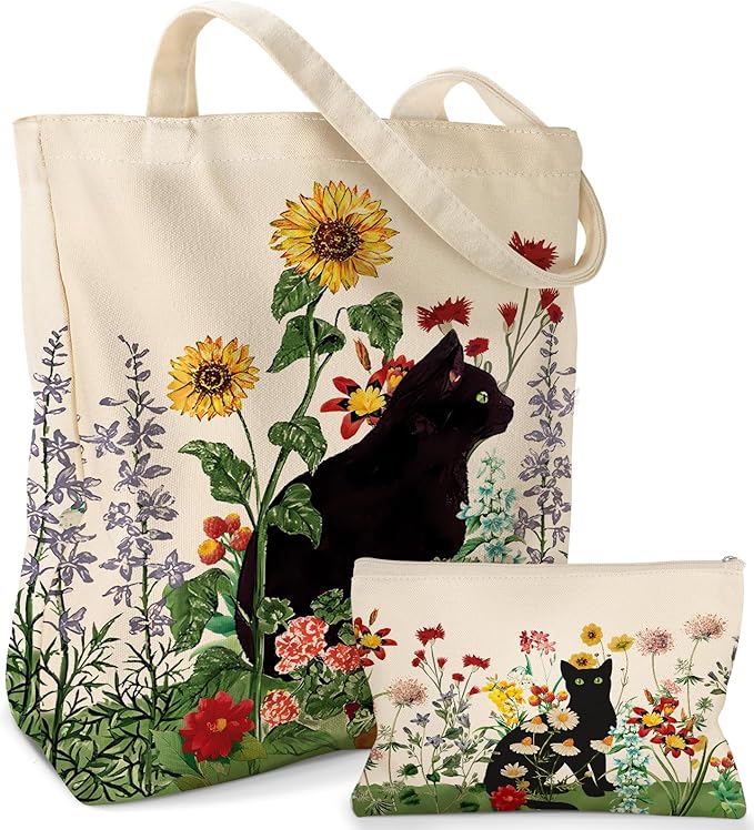 Miss Adola Aesthetic 2 Pack Canvas Tote Bag - with Makeup Zipper Pouch for Women Bag for Shopping, Gym, Travel, Vacation