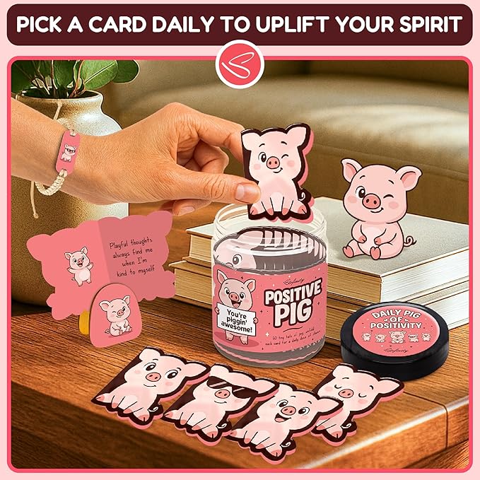 Stofinity Positive Pig Jar With 60 Affirmation Cards - Cute Pig Gifts For Women - Funny Christmas Birthday Gifts For Women Sister Friend Coworkers Adult - Motivational Desk Accessories