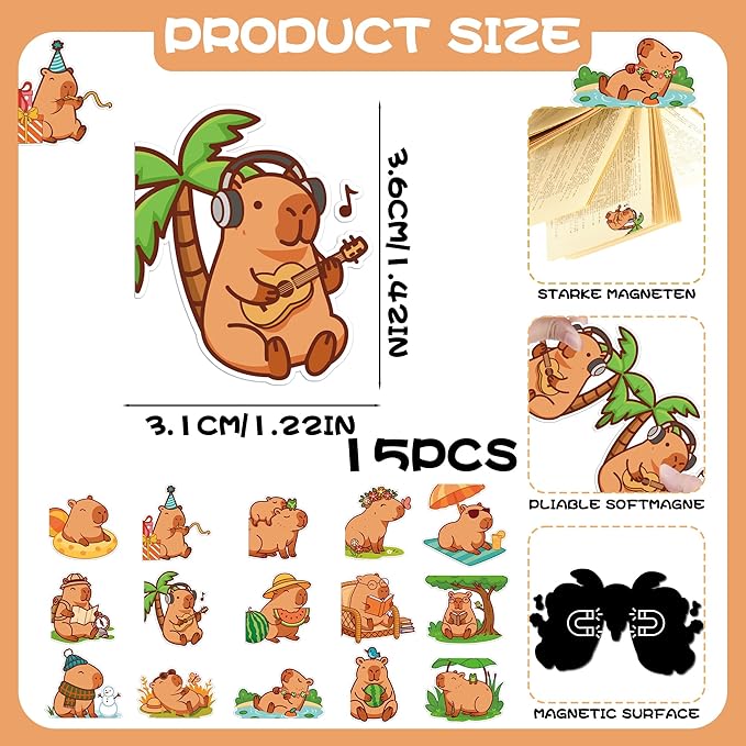 Capybara Magnetic Bookmarks Gifts - 15 Pcs Cute Animals Bookmark for Women Kids Book Lovers Students Bookworms Birthday Graduation Gift Funny Page Clips School Office Reading Accessories
