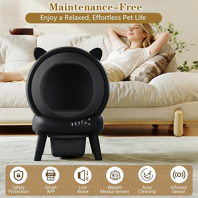 Automatic Cat Litter Box, Self Cleaning Litter Box Smart Robot for Multiple Cats, APP Real-Time Monitor, Odor & Noise Control, Safe Anti-Pinch, Trash Bag Included, Black