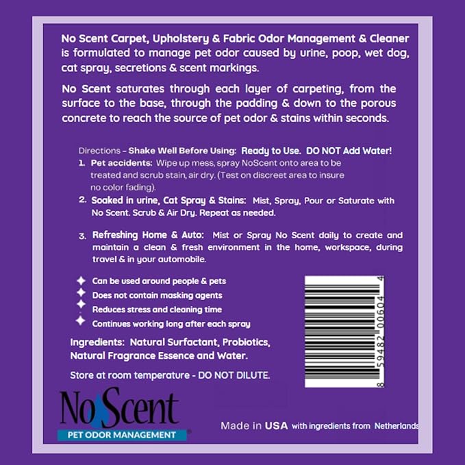 No Scent Carpet Upholstery & Fabric Furniture Spray Spot Cleaner for Wet Dog Smell, Cat Spray, Pet Odor, Urine, Poop & Secretions (8 Fl Oz / 237 mL)
