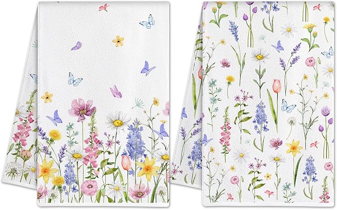 Hexagram Floral Kitchen Towels Set of 2, Floral Decor Gifts for Women, Funny Cute Housewarming Dish Hand Towels for Home Kitchen Decor