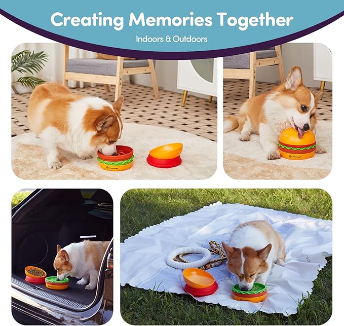 Slow Feeder Small Dog Bowl – 2 Patterns Reversible Lick Mat & 1 Spiral Slow Feeder - Hamburger Style | Non-Slip, Dishwasher Safe & Easy to Clean