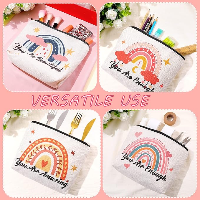 Chengu 6 Pcs Big Canvas Rainbow Heart Cosmetic Bags, 10 x 7.5 inch Inspirational Gifts for Women Motivational Quotes Makeup Bag for Women Girls Birthday Friend Teacher Graduation Gift (Sweet)