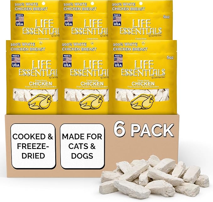 Life Essentials by Cat-Man-Doo Freeze Dried Chicken Dog & Cat Treats, Healthy Single Ingredient Training Treats for Dogs, Puppies & Cats, Made with Real Chicken – 5 oz (6 Pack)