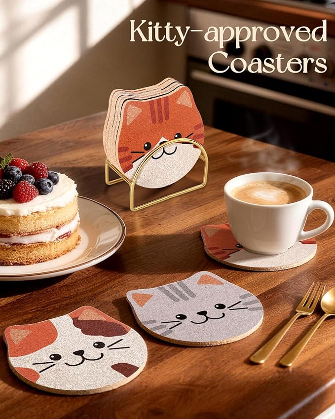 Oqplog Cat Drink Coasters for Cat Lovers Gifts Desk Coffee Table Set of 6-Funny Cork Cup Holder Coaster for Office Home Office Cute Decor Accessories for Women Family