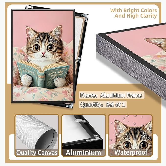 Funky Cute Cats Reading Books Canvas Wall Art Funny Pet Cat Animal Poster Trendy Pink Flower Wall Decor Cat Lovers Prints Painting For Home Bedroom Kids Room Dorm Wall Decor 16x24in Framed