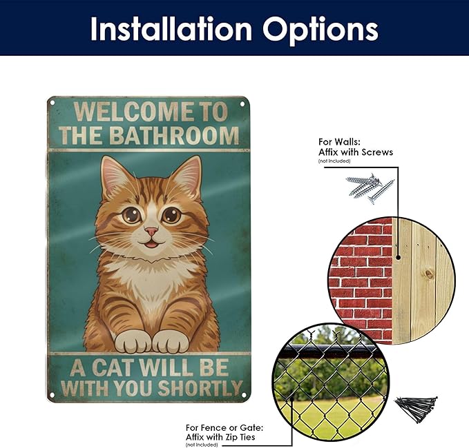 Funny Bathroom Sign Welcome to The Bathroom A Cat Will Be with You Shortly Humorous Restroom Decor Quirky Cat Lover Gift Novelty Aluminum Sign 8x12 Inches Orange Cat-02
