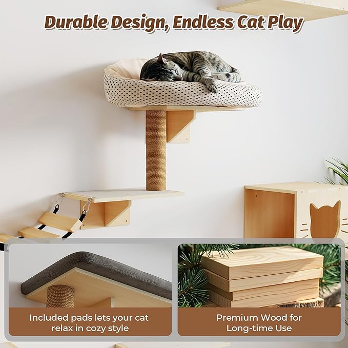 NYEEKOY Cat Wall Shelves, Wood 8-in-1 Cat Wall Furniture Set, Large Cat Shelves for Wall with Scratching Post, Cat Climbing Wall Activity Center for Climb, Play, Rest, and Scratch, Natural Wood