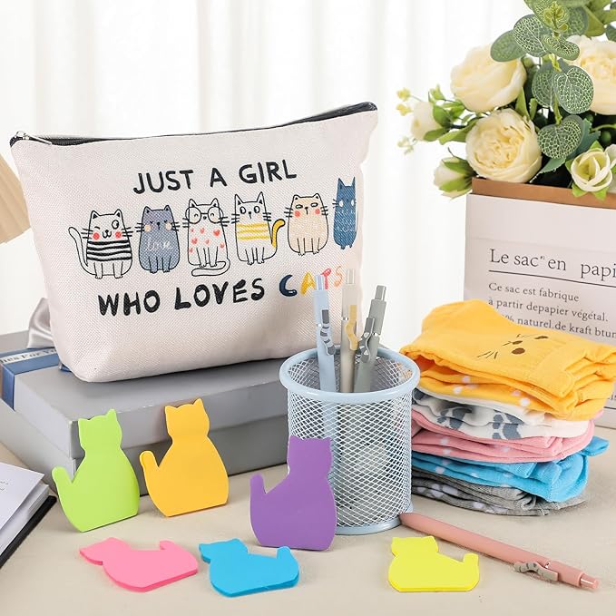 Fullhawl 16 Pcs Cat Lover Gifts, 1 Cat Makeup Bags, 5 Women's Animal Socks, 4 Black Ink Pens, 180-piece Sticky Notes, Cute Funny Christmas Birthday Gift for Pet Enthusiasts Xmas Party Supplies