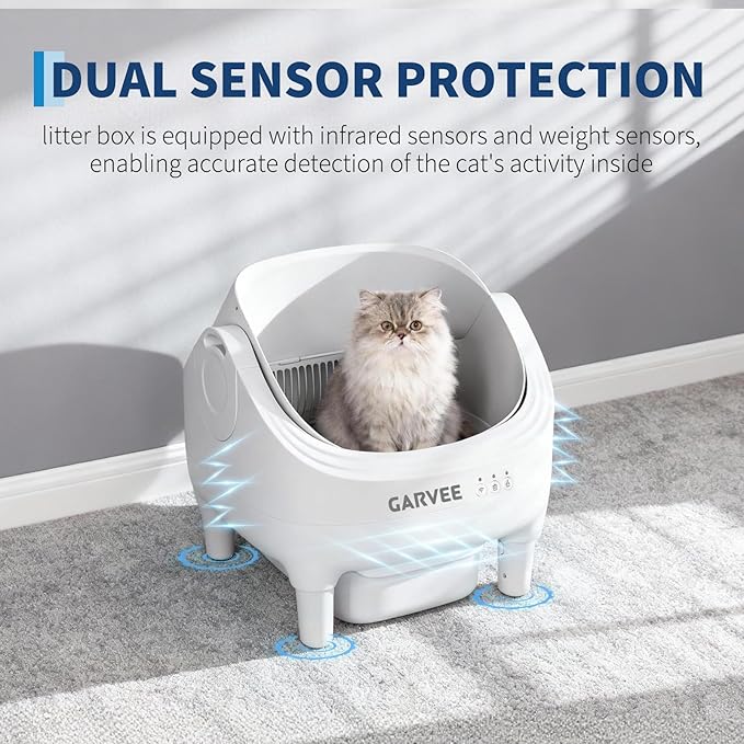 Garvee Open-Top Automatic Cat Litter Box with APP Control, Odor-Free Waste Disposal Includes Trash Bags, 10.5L Large Waste Bin, Self Cleaning Litter Box for Multiple Cats, White
