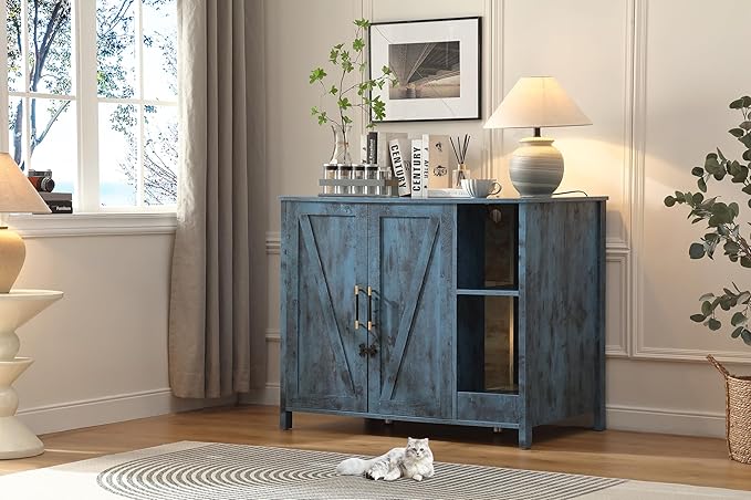 Large Cat Litter Enclosure With Litter Collector, Enclosure for self-Cleaning Litter Boxes,Adjustable Shelf for Dog Proof and Storage,Outlet,Lock Added for cat,Cat Washroom Cabinet,Blue