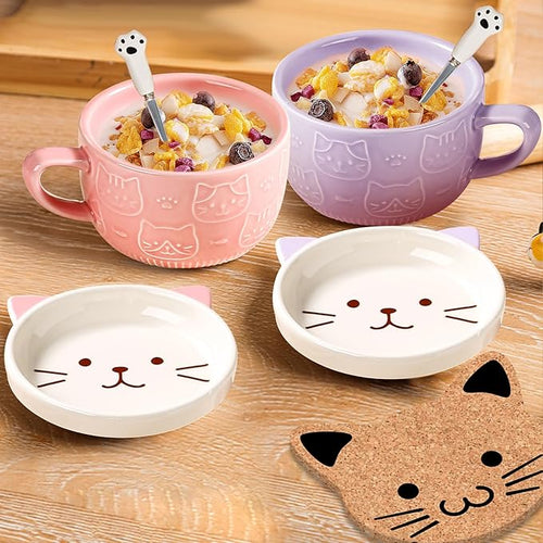 2PCS Cute Kawaii Cat Tea Cup Ceramic Coffee Mug with lid, Tea Cups and Saucers for Dessert, Cute Gifts for Cat Lovers, Anime Fans, Christmas for Women 10oz (Pink + Purple)